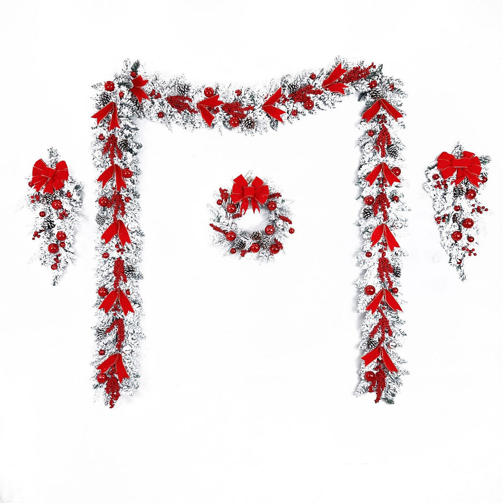 Flocked Christmas Wreath and Hanging Decor Set