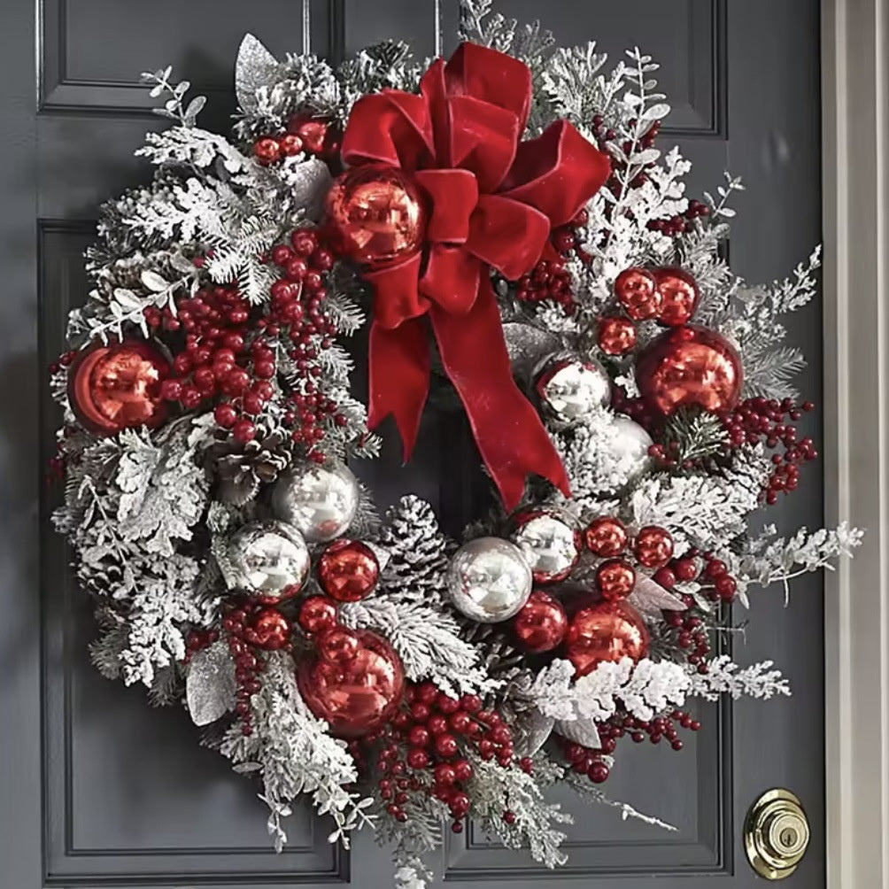 Flocked Christmas Wreath and Hanging Decor Set