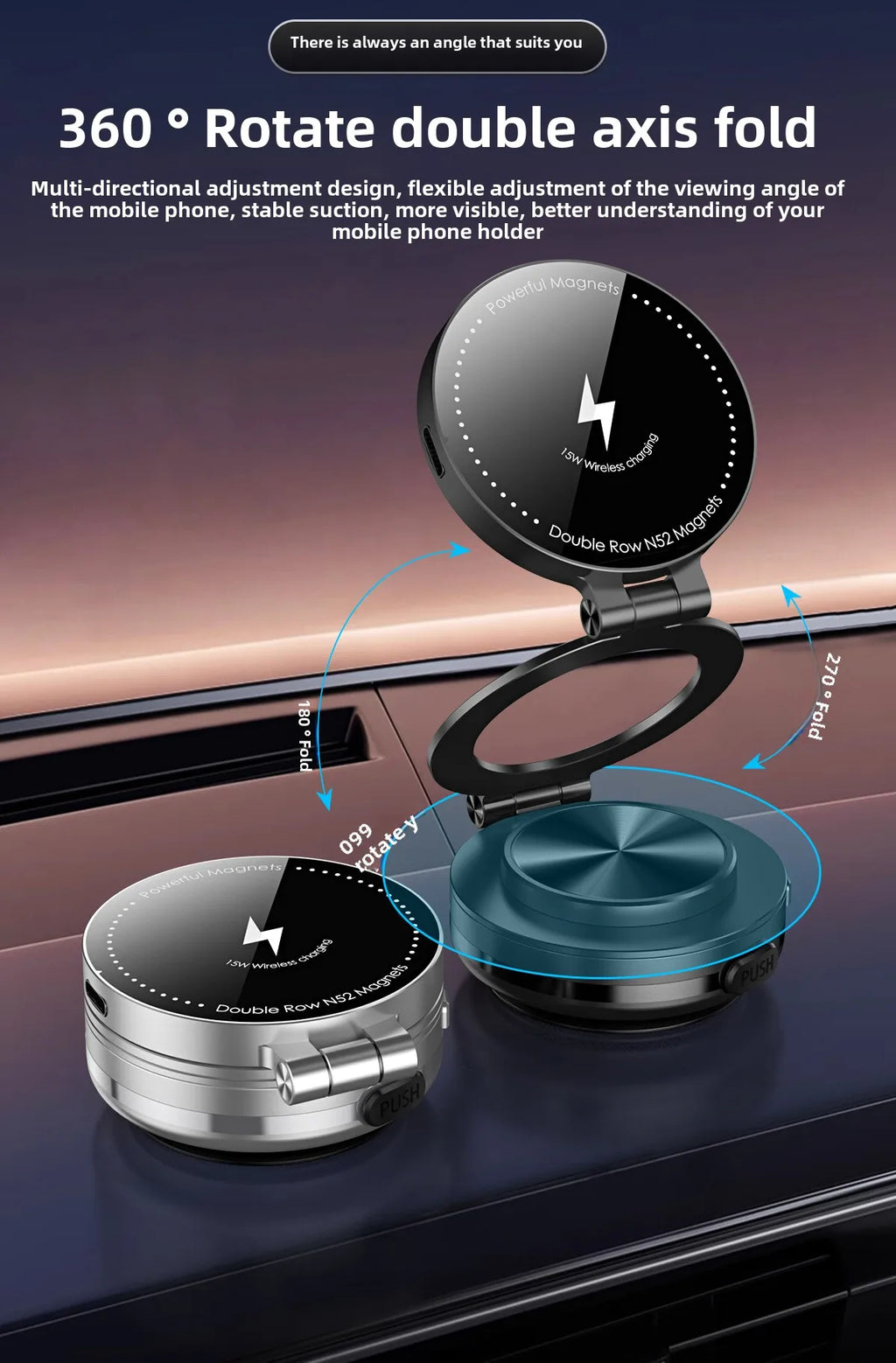 15W Wireless Charger  Double Sides Phone Holder Magnetic Vacuum Adsorption Bracket Foldable GPS Stand Electric Sucker Cup Suppor